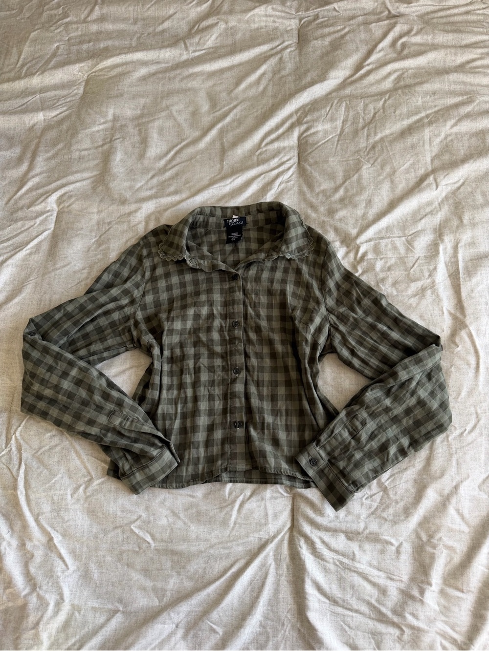 Thorn & Fable Green Plaid Lace Collar Button Up Top (L)